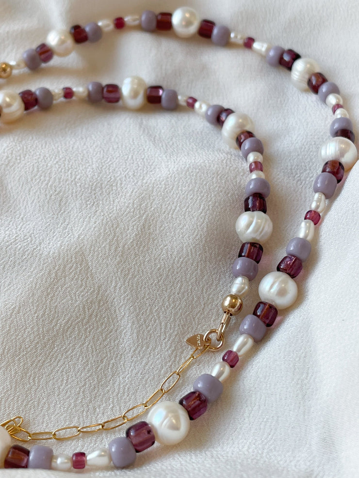 light purple, lavender, and pearl 14k gold-filled necklace